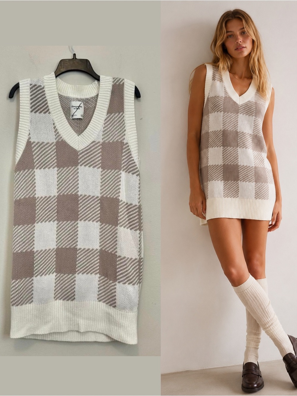 Abercrombie Knit Sweater Vest Dress Neutral Checkered XS Preppy Back to School